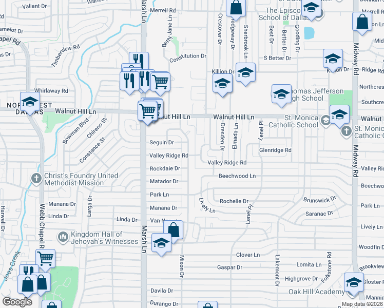 map of restaurants, bars, coffee shops, grocery stores, and more near 9908 Mixon Drive in Dallas