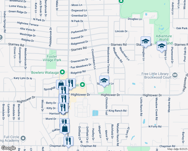 map of restaurants, bars, coffee shops, grocery stores, and more near 7030 Crosstimbers Lane in North Richland Hills