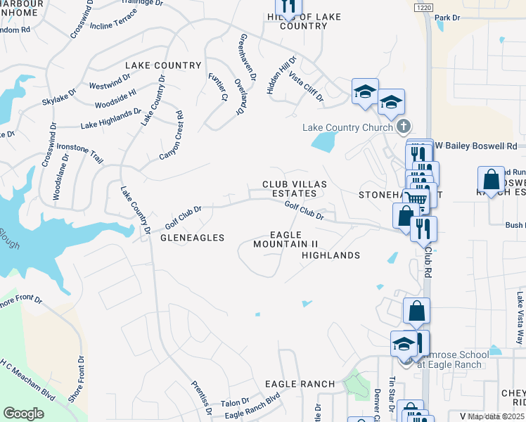 map of restaurants, bars, coffee shops, grocery stores, and more near 7645 Eagle Ridge Circle in Fort Worth