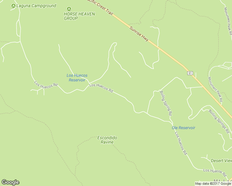 map of restaurants, bars, coffee shops, grocery stores, and more near Los Huecos Road in Mount Laguna