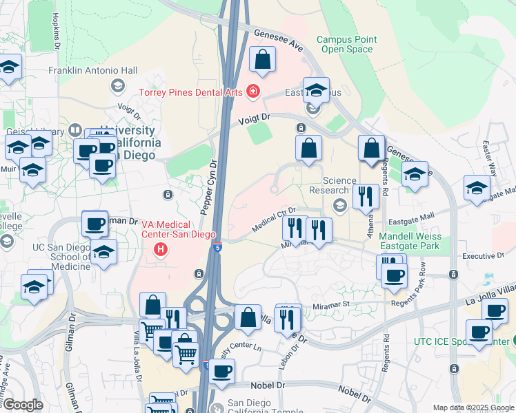 map of restaurants, bars, coffee shops, grocery stores, and more near 9300 Campus Point Drive in San Diego