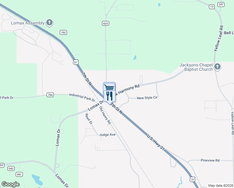 map of restaurants, bars, coffee shops, grocery stores, and more near 806 New Style Circle in Clanton