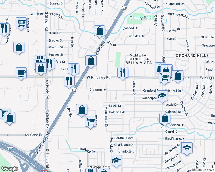 map of restaurants, bars, coffee shops, grocery stores, and more near 1935 Cranford Drive in Garland