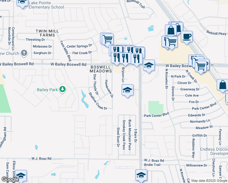 map of restaurants, bars, coffee shops, grocery stores, and more near 8604 Boswell Meadows Drive in Fort Worth