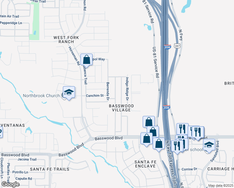 map of restaurants, bars, coffee shops, grocery stores, and more near 7612 Scarlet View Trail in Fort Worth