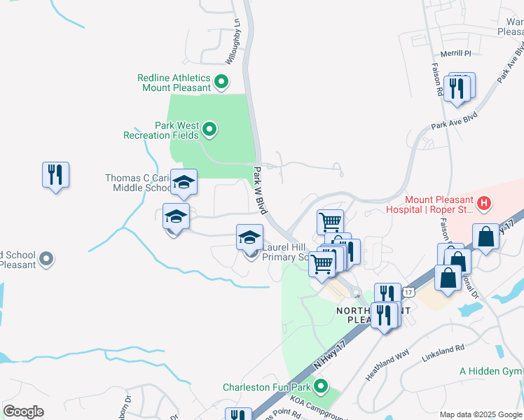 map of restaurants, bars, coffee shops, grocery stores, and more near 3500 Thomas Cario Boulevard in Mount Pleasant