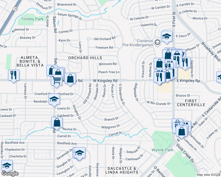 map of restaurants, bars, coffee shops, grocery stores, and more near 3102 Ranch Drive in Garland