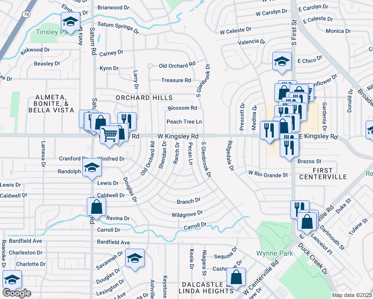 map of restaurants, bars, coffee shops, grocery stores, and more near 3102 Ranch Drive in Garland