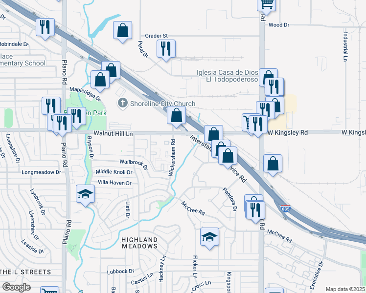 map of restaurants, bars, coffee shops, grocery stores, and more near 11200 Walnut Hill Lane in Dallas