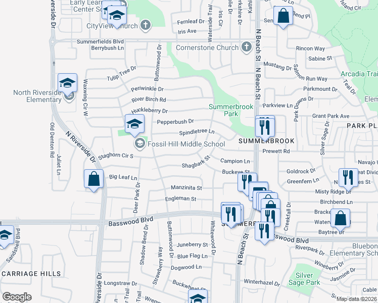 map of restaurants, bars, coffee shops, grocery stores, and more near 4149 Silverberry Avenue in Fort Worth
