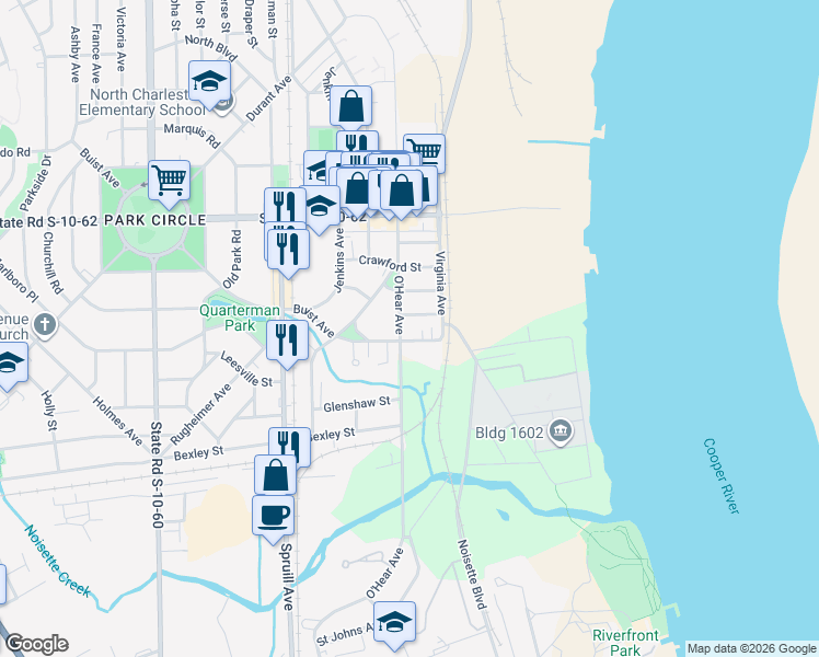 map of restaurants, bars, coffee shops, grocery stores, and more near 4644 O'Hear Avenue in North Charleston