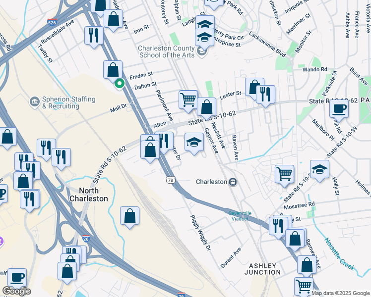 map of restaurants, bars, coffee shops, grocery stores, and more near 4755 Spruce Street in North Charleston