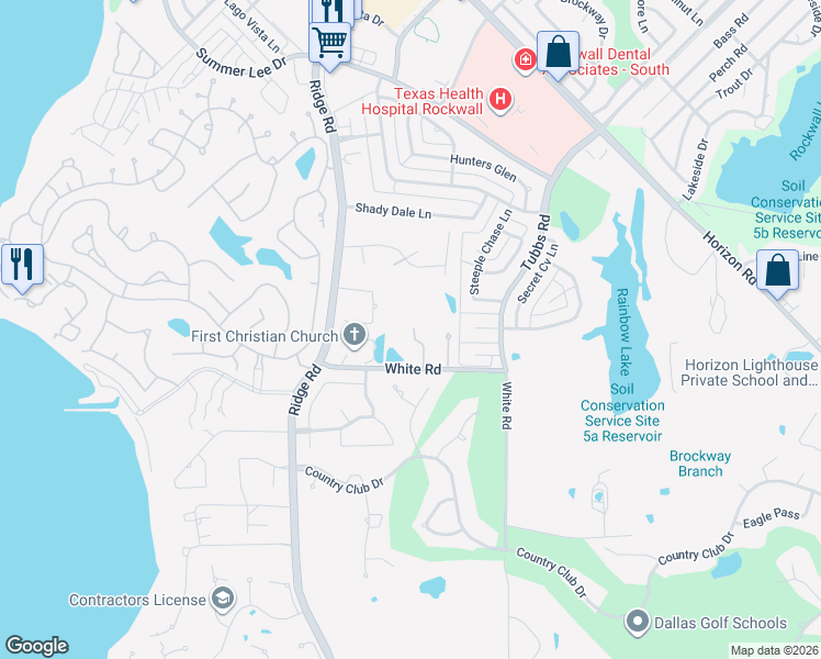 map of restaurants, bars, coffee shops, grocery stores, and more near 2640 White Road in Rockwall