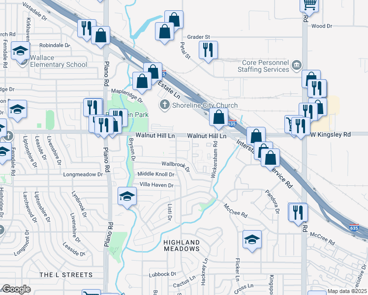 map of restaurants, bars, coffee shops, grocery stores, and more near 11030 Walnut Hill Lane in Dallas