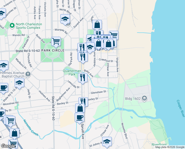map of restaurants, bars, coffee shops, grocery stores, and more near 4614 Jenkins Avenue in North Charleston