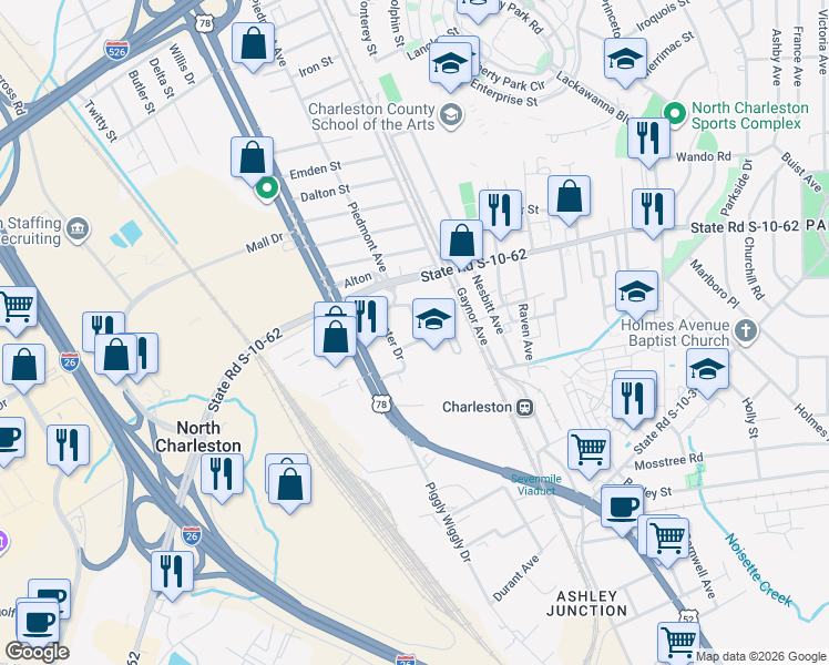 map of restaurants, bars, coffee shops, grocery stores, and more near 4755 Spruce Street in North Charleston