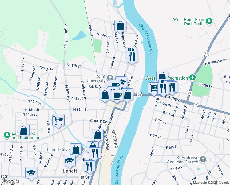 map of restaurants, bars, coffee shops, grocery stores, and more near in West Point