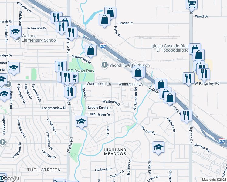 map of restaurants, bars, coffee shops, grocery stores, and more near 9679 Rolling Rock Lane in Dallas