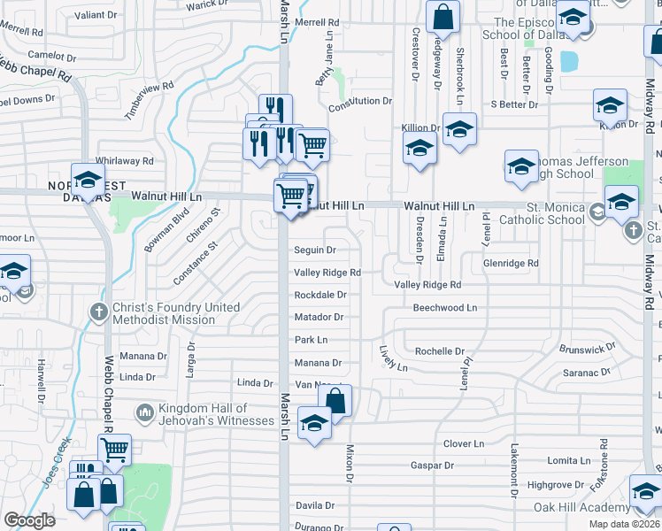 map of restaurants, bars, coffee shops, grocery stores, and more near 3762 Seguin Drive in Dallas