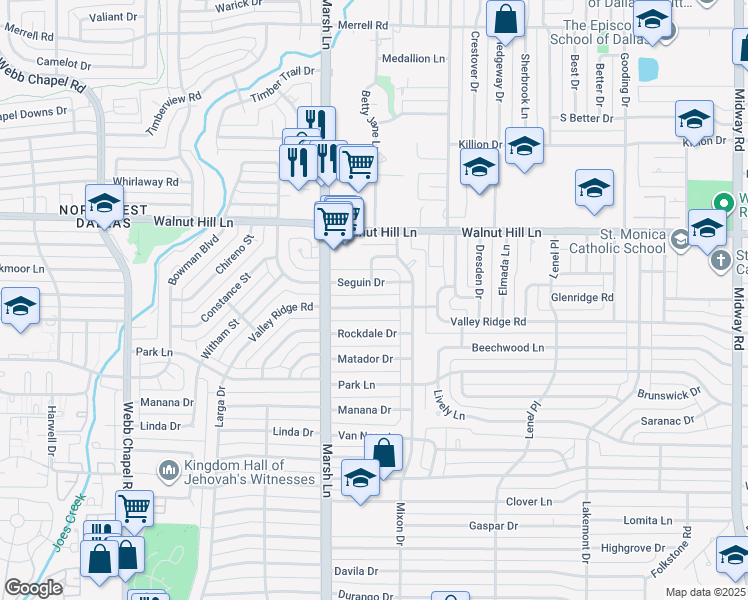 map of restaurants, bars, coffee shops, grocery stores, and more near 3762 Seguin Drive in Dallas