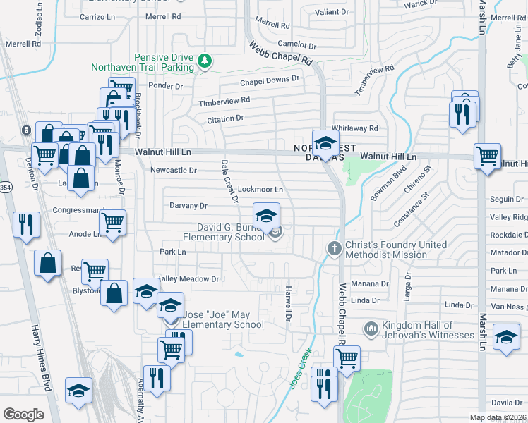 map of restaurants, bars, coffee shops, grocery stores, and more near 3223 Darvany Drive in Dallas