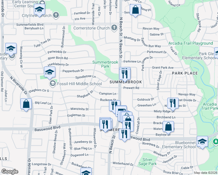 map of restaurants, bars, coffee shops, grocery stores, and more near 4340 Spindletree Lane in Fort Worth