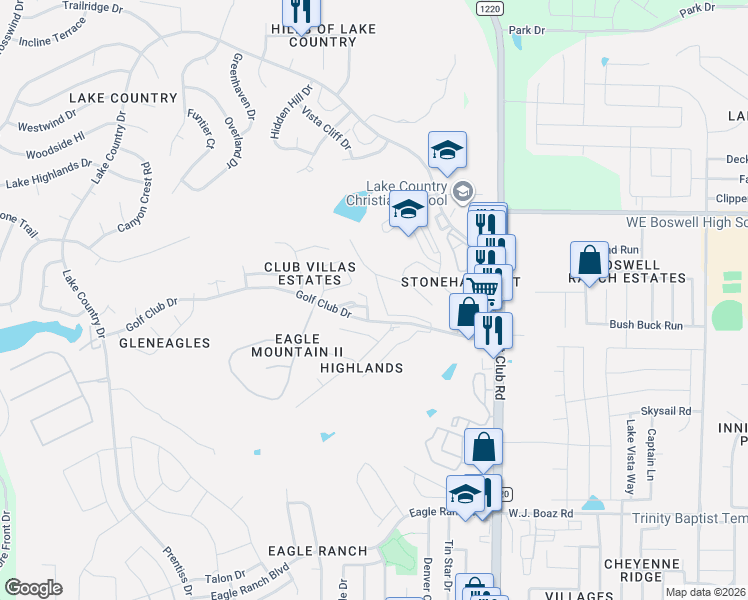 map of restaurants, bars, coffee shops, grocery stores, and more near 8514 Fairway Drive in Fort Worth