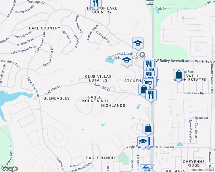 map of restaurants, bars, coffee shops, grocery stores, and more near 8419 Golf Club Circle in Fort Worth