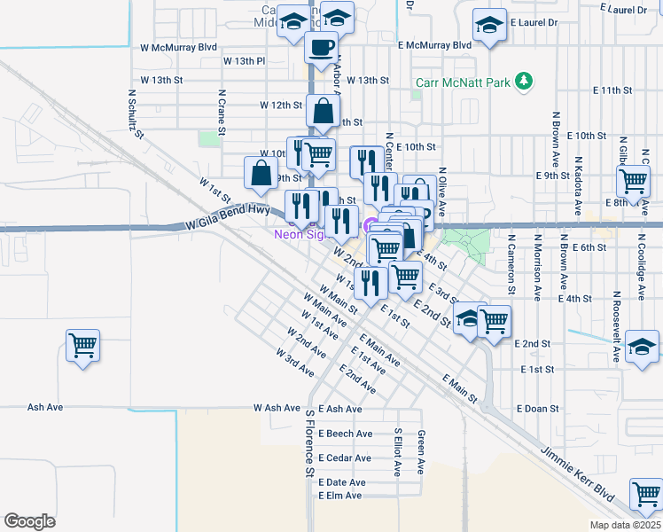 map of restaurants, bars, coffee shops, grocery stores, and more near 310 West 1st Street in Casa Grande