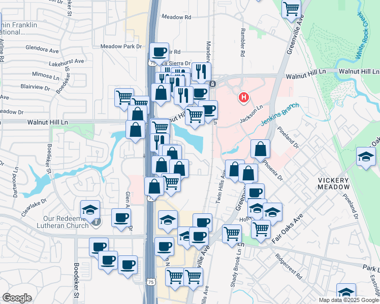 map of restaurants, bars, coffee shops, grocery stores, and more near 9600 Golf Lakes Trail in Dallas