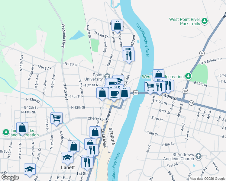 map of restaurants, bars, coffee shops, grocery stores, and more near 813 3rd Avenue in West Point