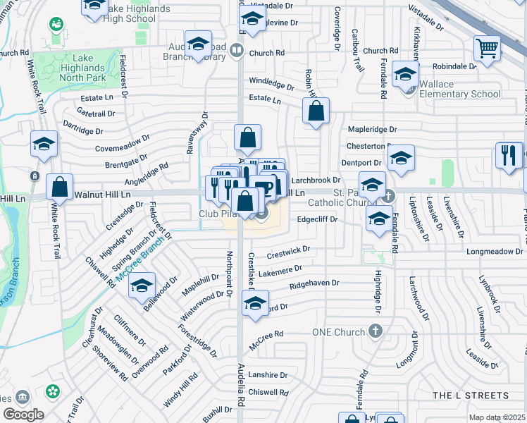 map of restaurants, bars, coffee shops, grocery stores, and more near 9660 Audelia Road in Dallas