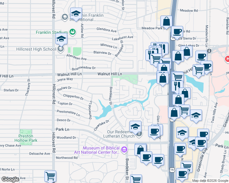 map of restaurants, bars, coffee shops, grocery stores, and more near 7 Royal Terrace Court in Dallas