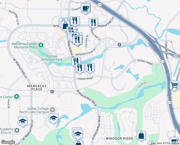 map of restaurants, bars, coffee shops, grocery stores, and more near 919 Hidden Ridge in Irving