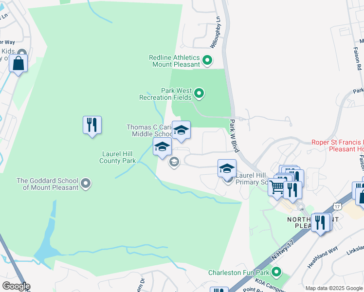 map of restaurants, bars, coffee shops, grocery stores, and more near 3500 Thomas Cario Boulevard in Mount Pleasant