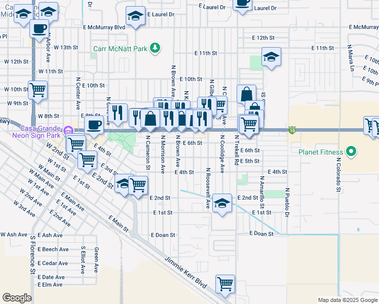 map of restaurants, bars, coffee shops, grocery stores, and more near 717 East 6th Street in Casa Grande