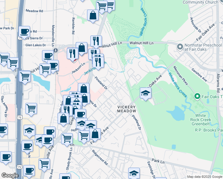 map of restaurants, bars, coffee shops, grocery stores, and more near 1 Pineland Drive in Dallas