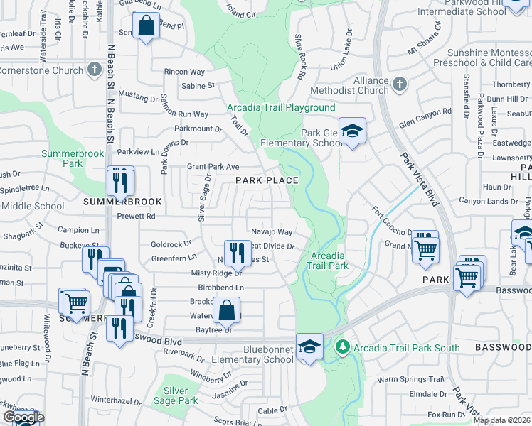 map of restaurants, bars, coffee shops, grocery stores, and more near 4905 Park Brook Drive in Fort Worth