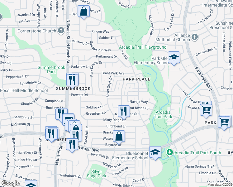 map of restaurants, bars, coffee shops, grocery stores, and more near 7767 Beaver Head Road in Fort Worth