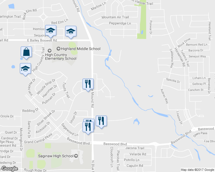 map of restaurants, bars, coffee shops, grocery stores, and more near 7452 Howling Coyote Lane in Fort Worth