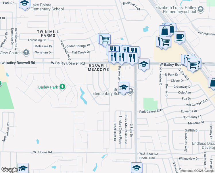 map of restaurants, bars, coffee shops, grocery stores, and more near 8625 Boswell Meadows Drive in Fort Worth