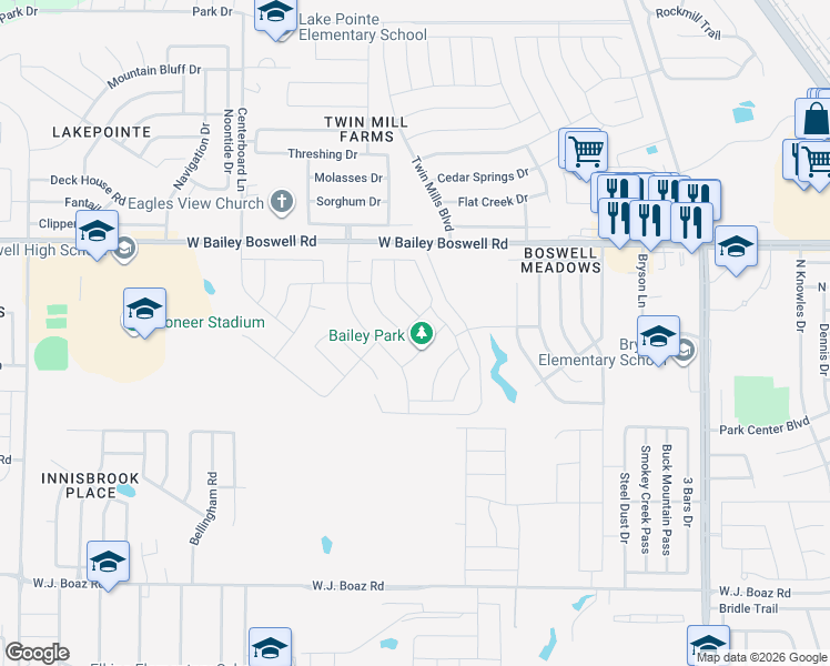 map of restaurants, bars, coffee shops, grocery stores, and more near 5101-5301 West Bailey Boswell Road in Fort Worth