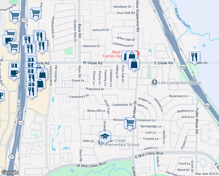 map of restaurants, bars, coffee shops, grocery stores, and more near 2908 Kathleen Lane in Euless