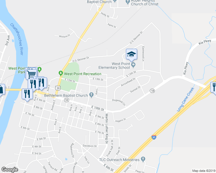map of restaurants, bars, coffee shops, grocery stores, and more near 1498 East 12th Street in West Point