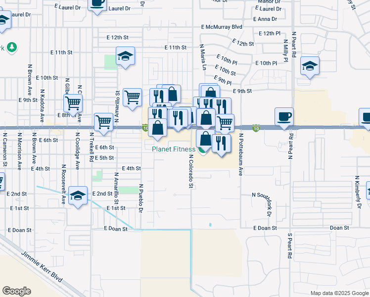 map of restaurants, bars, coffee shops, grocery stores, and more near 517 North Colorado Street in Casa Grande