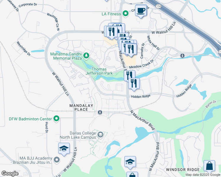 map of restaurants, bars, coffee shops, grocery stores, and more near 1127 Hidden Ridge in Irving