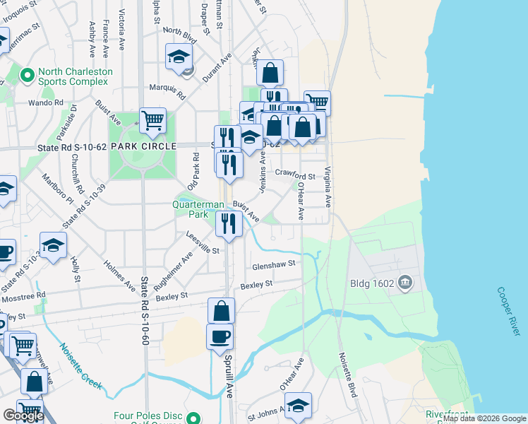 map of restaurants, bars, coffee shops, grocery stores, and more near 4614 Jenkins Avenue in North Charleston