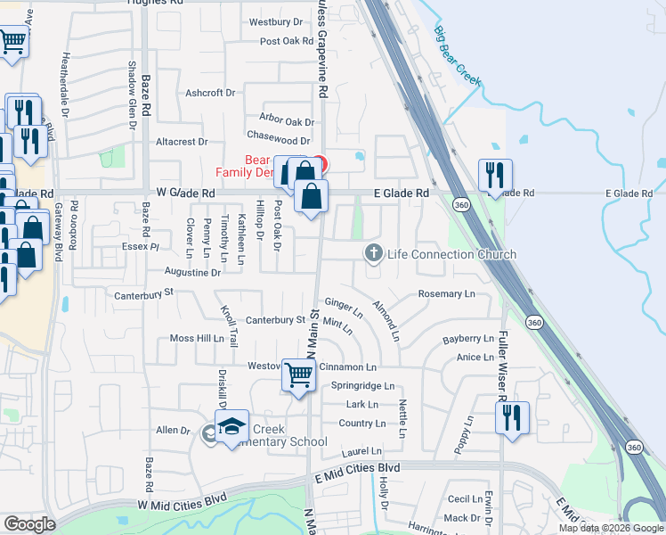 map of restaurants, bars, coffee shops, grocery stores, and more near 109 Nutmeg Lane in Euless