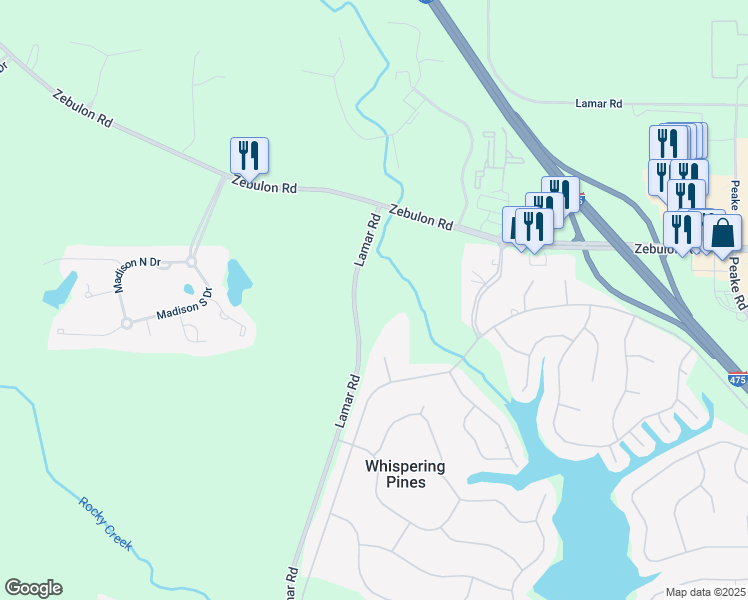 map of restaurants, bars, coffee shops, grocery stores, and more near 417 Lamar Road in Macon