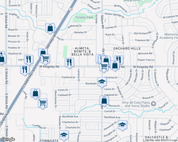 map of restaurants, bars, coffee shops, grocery stores, and more near 1530 West Kingsley Road in Garland